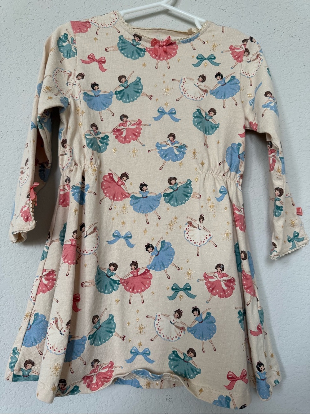 Konges Slojd Cream Dress with Pink Satin Bow and Multicolor Print